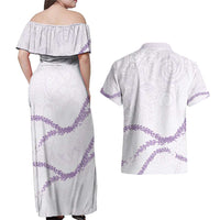 Aloha Lei Mikioi Couples Matching Off Shoulder Maxi Dress and Hawaiian Shirt Purple Polynesian Tribal Tatau Pattern