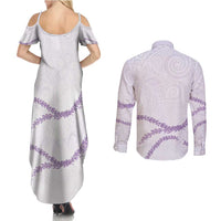 Aloha Lei Mikioi Couples Matching Summer Maxi Dress and Long Sleeve Button Shirt Purple Polynesian Tribal Tatau Pattern