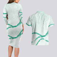 Aloha Lei Mikioi Couples Matching Long Sleeve Bodycon Dress and Hawaiian Shirt Sage Green Polynesian Tribal Tatau Pattern