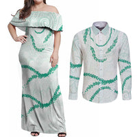 Aloha Lei Mikioi Couples Matching Off Shoulder Maxi Dress and Long Sleeve Button Shirt Sage Green Polynesian Tribal Tatau Pattern