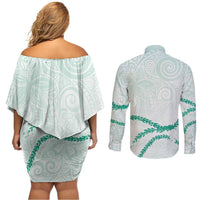 Aloha Lei Mikioi Couples Matching Off Shoulder Short Dress and Long Sleeve Button Shirt Sage Green Polynesian Tribal Tatau Pattern
