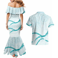 Aloha Lei Mikioi Couples Matching Mermaid Dress and Hawaiian Shirt Teal Polynesian Tribal Tatau Pattern