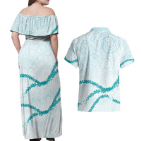 Aloha Lei Mikioi Couples Matching Off Shoulder Maxi Dress and Hawaiian Shirt Teal Polynesian Tribal Tatau Pattern