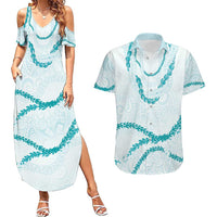 Aloha Lei Mikioi Couples Matching Summer Maxi Dress and Hawaiian Shirt Teal Polynesian Tribal Tatau Pattern
