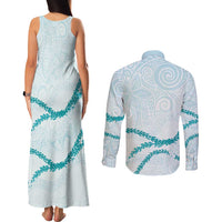 Aloha Lei Mikioi Couples Matching Tank Maxi Dress and Long Sleeve Button Shirt Teal Polynesian Tribal Tatau Pattern