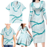 Aloha Lei Mikioi Family Matching Long Sleeve Bodycon Dress and Hawaiian Shirt Teal Polynesian Tribal Tatau Pattern