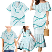 Aloha Lei Mikioi Family Matching Mermaid Dress and Hawaiian Shirt Teal Polynesian Tribal Tatau Pattern