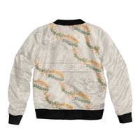 Aloha Pakalana and Puakenikeni Lei Bomber Jacket Beige Hawaiian Pattern