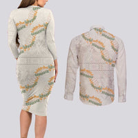 Aloha Pakalana and Puakenikeni Lei Couples Matching Long Sleeve Bodycon Dress and Long Sleeve Button Shirt Beige Hawaiian Pattern