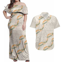 Aloha Pakalana and Puakenikeni Lei Couples Matching Off Shoulder Maxi Dress and Hawaiian Shirt Beige Hawaiian Pattern