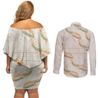 Aloha Pakalana and Puakenikeni Lei Couples Matching Off Shoulder Short Dress and Long Sleeve Button Shirt Beige Hawaiian Pattern