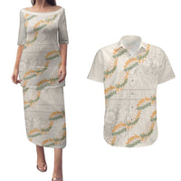 Aloha Pakalana and Puakenikeni Lei Couples Matching Puletasi and Hawaiian Shirt Beige Hawaiian Pattern