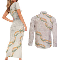 Aloha Pakalana and Puakenikeni Lei Couples Matching Short Sleeve Bodycon Dress and Long Sleeve Button Shirt Beige Hawaiian Pattern