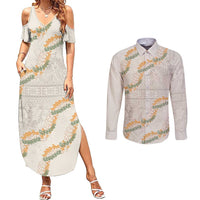 Aloha Pakalana and Puakenikeni Lei Couples Matching Summer Maxi Dress and Long Sleeve Button Shirt Beige Hawaiian Pattern