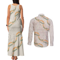 Aloha Pakalana and Puakenikeni Lei Couples Matching Tank Maxi Dress and Long Sleeve Button Shirt Beige Hawaiian Pattern