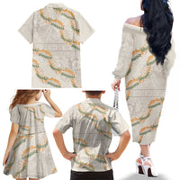Aloha Pakalana and Puakenikeni Lei Family Matching Off The Shoulder Long Sleeve Dress and Hawaiian Shirt Beige Hawaiian Pattern