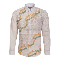 Aloha Pakalana and Puakenikeni Lei Long Sleeve Button Shirt Beige Hawaiian Pattern