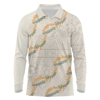 Aloha Pakalana and Puakenikeni Lei Long Sleeve Polo Shirt Beige Hawaiian Pattern