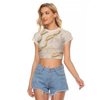Aloha Pakalana and Puakenikeni Lei Raglan Cropped T Shirt Beige Hawaiian Pattern
