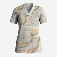 Aloha Pakalana and Puakenikeni Lei Scrub Top Beige Hawaiian Pattern - Polynesian Pride