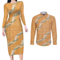 Aloha Pakalana and Puakenikeni Lei Couples Matching Long Sleeve Bodycon Dress and Long Sleeve Button Shirt Gold Hawaiian Pattern