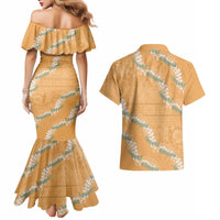 Aloha Pakalana and Puakenikeni Lei Couples Matching Mermaid Dress and Hawaiian Shirt Gold Hawaiian Pattern