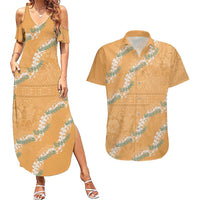Aloha Pakalana and Puakenikeni Lei Couples Matching Summer Maxi Dress and Hawaiian Shirt Gold Hawaiian Pattern