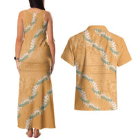 Aloha Pakalana and Puakenikeni Lei Couples Matching Tank Maxi Dress and Hawaiian Shirt Gold Hawaiian Pattern