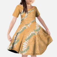 Aloha Pakalana and Puakenikeni Lei Kid Short Sleeve Dress Gold Hawaiian Pattern