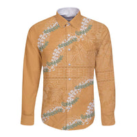 Aloha Pakalana and Puakenikeni Lei Long Sleeve Button Shirt Gold Hawaiian Pattern