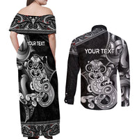 Personalised New Zealand Potae Pango Cricket Couples Matching Off Shoulder Maxi Dress and Long Sleeve Button Shirt Special Maori Hei Tiki Tribal Tattoo