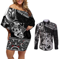 Personalised New Zealand Potae Pango Cricket Couples Matching Off Shoulder Short Dress and Long Sleeve Button Shirt Special Maori Hei Tiki Tribal Tattoo