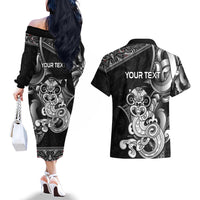 Personalised New Zealand Potae Pango Cricket Couples Matching Off The Shoulder Long Sleeve Dress and Hawaiian Shirt Special Maori Hei Tiki Tribal Tattoo