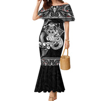 Personalised New Zealand Potae Pango Cricket Family Matching Mermaid Dress and Hawaiian Shirt Special Maori Hei Tiki Tribal Tattoo LT9 Mom's Dress Black - Polynesian Pride
