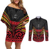 Custom Papua New Guinea Cricket Couples Matching Off Shoulder Short Dress and Long Sleeve Button Shirt PNG Emblem Mix Polyneisan Pattern LT9 Black - Polynesian Pride