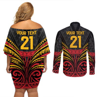 Custom Papua New Guinea Cricket Couples Matching Off Shoulder Short Dress and Long Sleeve Button Shirt PNG Emblem Mix Polyneisan Pattern LT9 - Polynesian Pride