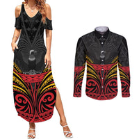 Custom Papua New Guinea Cricket Couples Matching Summer Maxi Dress and Long Sleeve Button Shirt PNG Emblem Mix Polyneisan Pattern LT9 Black - Polynesian Pride