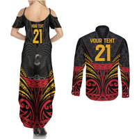 Custom Papua New Guinea Cricket Couples Matching Summer Maxi Dress and Long Sleeve Button Shirt PNG Emblem Mix Polyneisan Pattern LT9 - Polynesian Pride