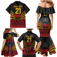 Custom Papua New Guinea Cricket Family Matching Mermaid Dress and Hawaiian Shirt PNG Emblem Mix Polyneisan Pattern