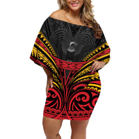 Custom Papua New Guinea Cricket Family Matching Off Shoulder Short Dress and Hawaiian Shirt PNG Emblem Mix Polyneisan Pattern