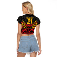 Custom Papua New Guinea Cricket Raglan Cropped T Shirt PNG Emblem Mix Polyneisan Pattern