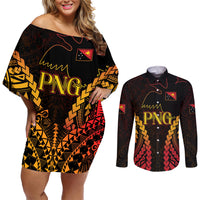 Custom Papua New Guinea Cricket Couples Matching Off Shoulder Short Dress and Long Sleeve Button Shirt Go Barramundis LT9 Black - Polynesian Pride