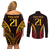 Custom Papua New Guinea Cricket Couples Matching Off Shoulder Short Dress and Long Sleeve Button Shirt Go Barramundis LT9 - Polynesian Pride