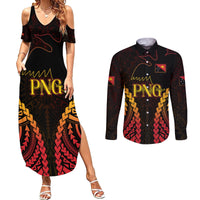 Custom Papua New Guinea Cricket Couples Matching Summer Maxi Dress and Long Sleeve Button Shirt Go Barramundis LT9 Black - Polynesian Pride