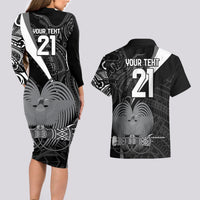 Custom Papua New Guinea Cricket Couples Matching Long Sleeve Bodycon Dress and Hawaiian Shirt Tribal Bird of Paradise Tattoo LT9 - Polynesian Pride