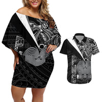Custom Papua New Guinea Cricket Couples Matching Off Shoulder Short Dress and Hawaiian Shirt Tribal Bird of Paradise Tattoo LT9 Black - Polynesian Pride