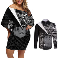 Custom Papua New Guinea Cricket Couples Matching Off Shoulder Short Dress and Long Sleeve Button Shirt Tribal Bird of Paradise Tattoo LT9 Black - Polynesian Pride
