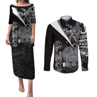 Custom Papua New Guinea Cricket Couples Matching Puletasi and Long Sleeve Button Shirt Tribal Bird of Paradise Tattoo LT9 Black - Polynesian Pride