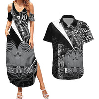 Custom Papua New Guinea Cricket Couples Matching Summer Maxi Dress and Hawaiian Shirt Tribal Bird of Paradise Tattoo LT9 Black - Polynesian Pride