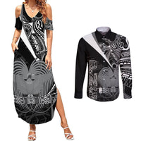 Custom Papua New Guinea Cricket Couples Matching Summer Maxi Dress and Long Sleeve Button Shirt Tribal Bird of Paradise Tattoo LT9 Black - Polynesian Pride